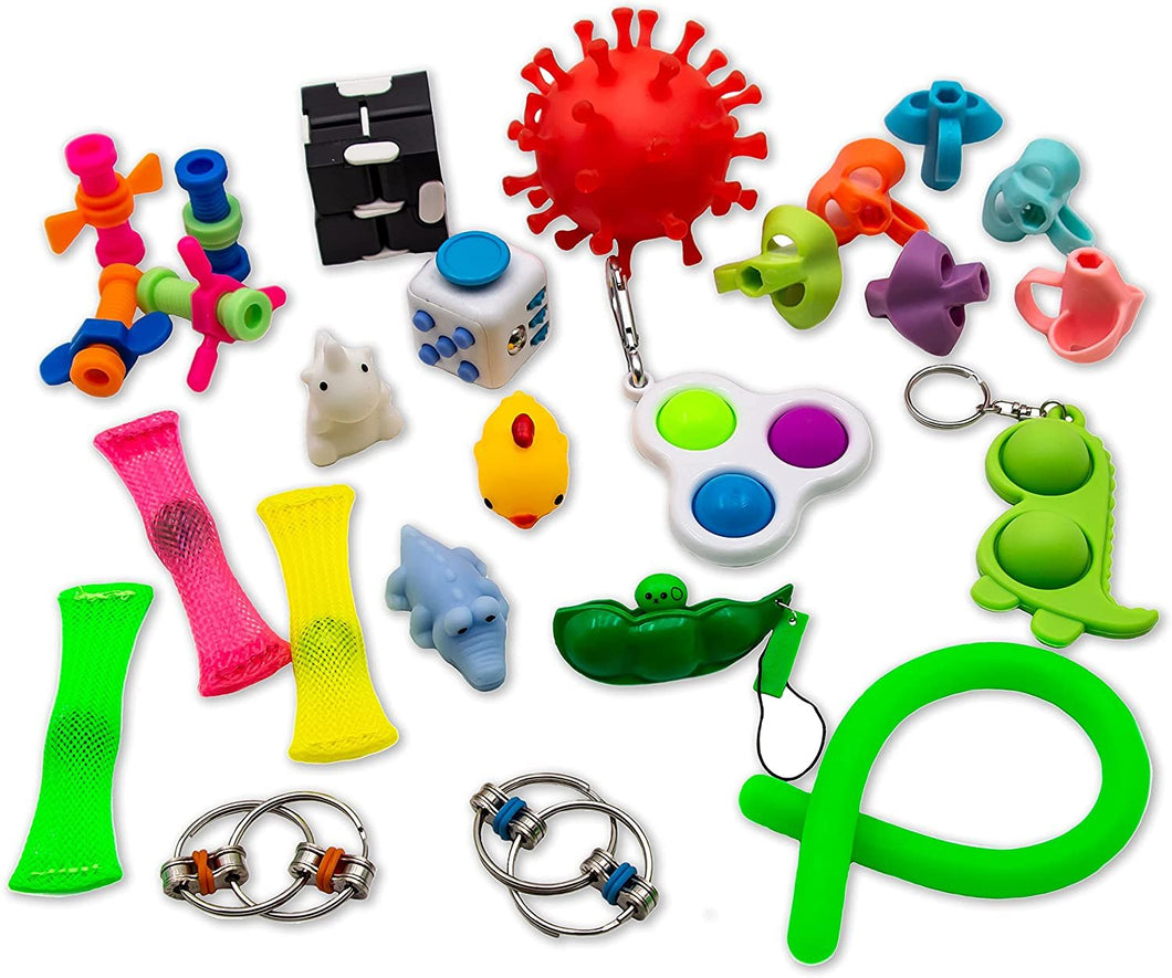 B-THERE Fidget Toys for Kids and Adults Cool Sensory ADHD Autism Set of 25 Push Pop it Bubble Pea Flip Chain Cube Marble Snake Great for The Classroom