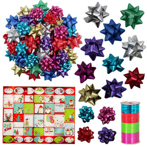 B-THERE 50 Christmas Bows for Gift Wrapping with 4 Curling Ribbon Rolls and 120 Stickers Red, Purple, Gold, Bundle for Presents, Decoration, Holiday, and More