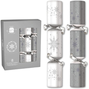 B-THERE 12 Inch Christmas Crackers Luxery Set with Novelty Toy, Paper Hat, & Joke - Set of 8 Crackers (Grey, White, Traditional)