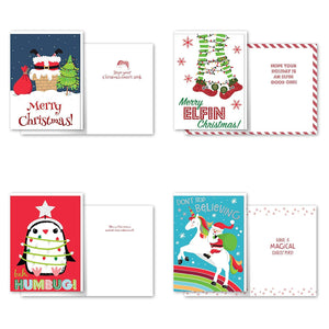 B-THERE Bundle of 12 Boxed Christmas Greeting Cards - Humor, Foil and Glitter Finishes with Envelopes