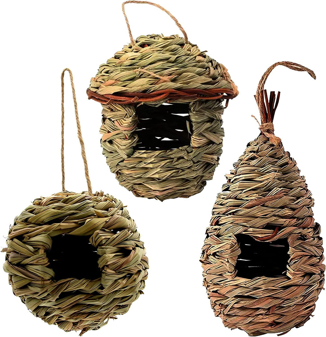 3 Pack of Humming Bird Houses for Outdoors, Hanging Nest for Small Birds Roosting, Hand Woven Nests for Wren, Finch, and More (Mixed)