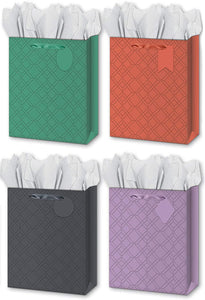 B-THERE Bundle of 4 Everyday Large Embossed Solid Color Gift Bags with Tags, Tissue Paper Included