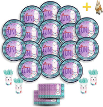 Load image into Gallery viewer, B-THERE Llama Fun Party Pack Bundle - Llama Fun Birthday Set, Seats 16: Plates, Cups, Napkins and Stuffed Llama Key Chain. Childrens Party Supplies
