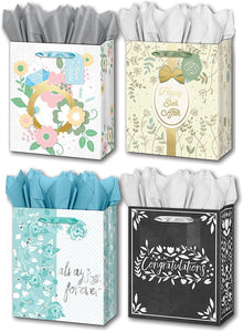 B-THERE Bundle of 4 Large 10” x 12” x 5” Wedding Gift Bags with Tags and Tissue for Men, Women for Special Occasion