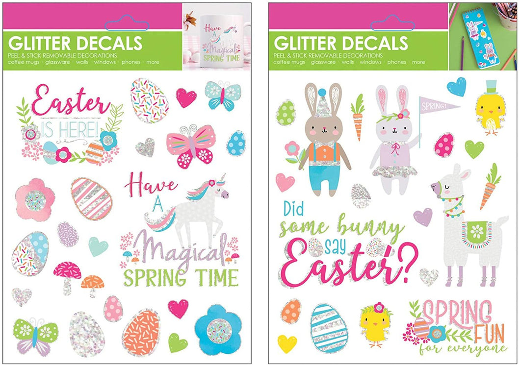B-THERE Bundle of Easter Glitter Stickers, Peal and Stick Removable Decals for Books, Cards, Windows, Glass with Llama, Unicorn, Bunny & More