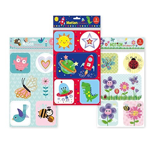 B-THERE Set of 3 Large Motion Sticker Sheets, 15 Stickers Total. Owls and Spring, Space and Rockets, and Springtime Themed Motion Stickers
