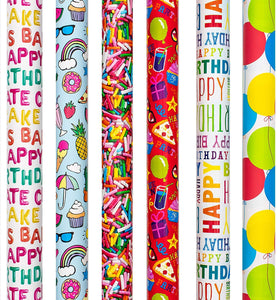 Birthday Gift Wrap Wrapping Paper for Boys, Girls, Adults. 6 Cute & Funny Different Designs of 8 ft X 30 Roll! Includes Cactus, Fruit, Rainbows, Rainbow Sprinkles, Pizza, Balloons, Donuts, Ice Cream