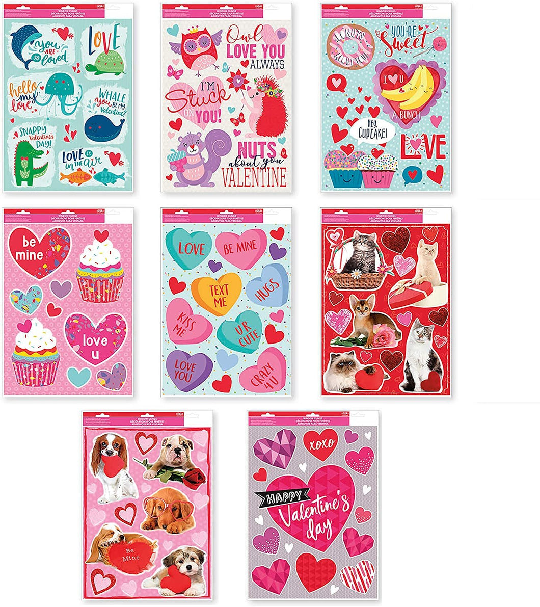 Large Pack of Valentine's Day Window Clings Decorations for Valentine Day Including - Animals, Candies, Hearts, Cats, Dogs, Cupcakes, Doughnuts, and More