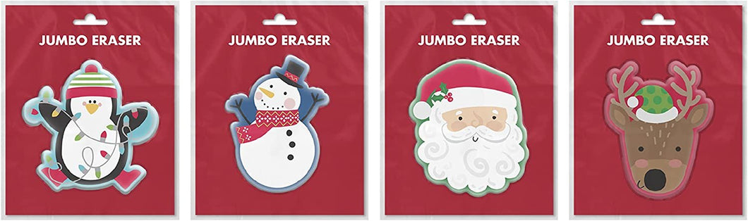 B-THERE 4-Pack Christmas Jumbo 4” Erasers, Stocking Stuffers for Kids, Penguin, Santa Face, Snowman, Reindeer Head