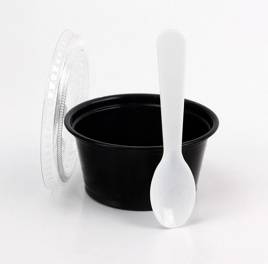 Disposable Black 2oz Plastic Condiment Cups with Lids and 3
