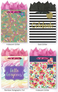 Pack of 4 Large All Occasion Gift Bags. Assortment of Foil and Glitter Embellishments