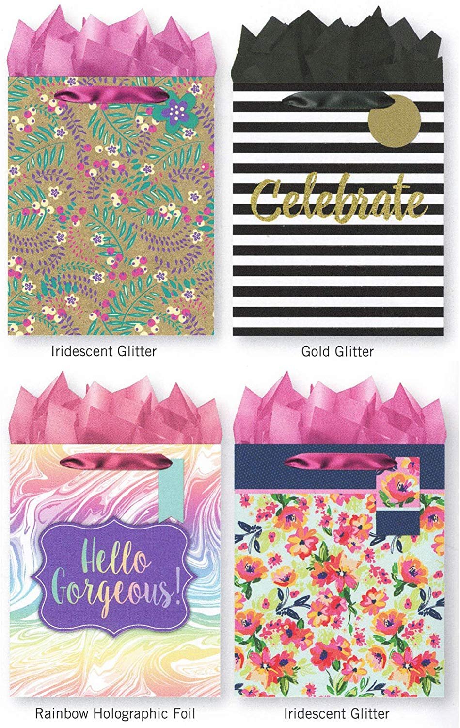 Pack of 4 Large All Occasion Gift Bags. Assortment of Foil and Glitter Embellishments