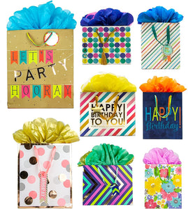 Bundle of 8 GoGo Gift Bags, Embellished All Occasion, Everyday, Happy Birthday Assorted Sizes, Tissue Paper Included