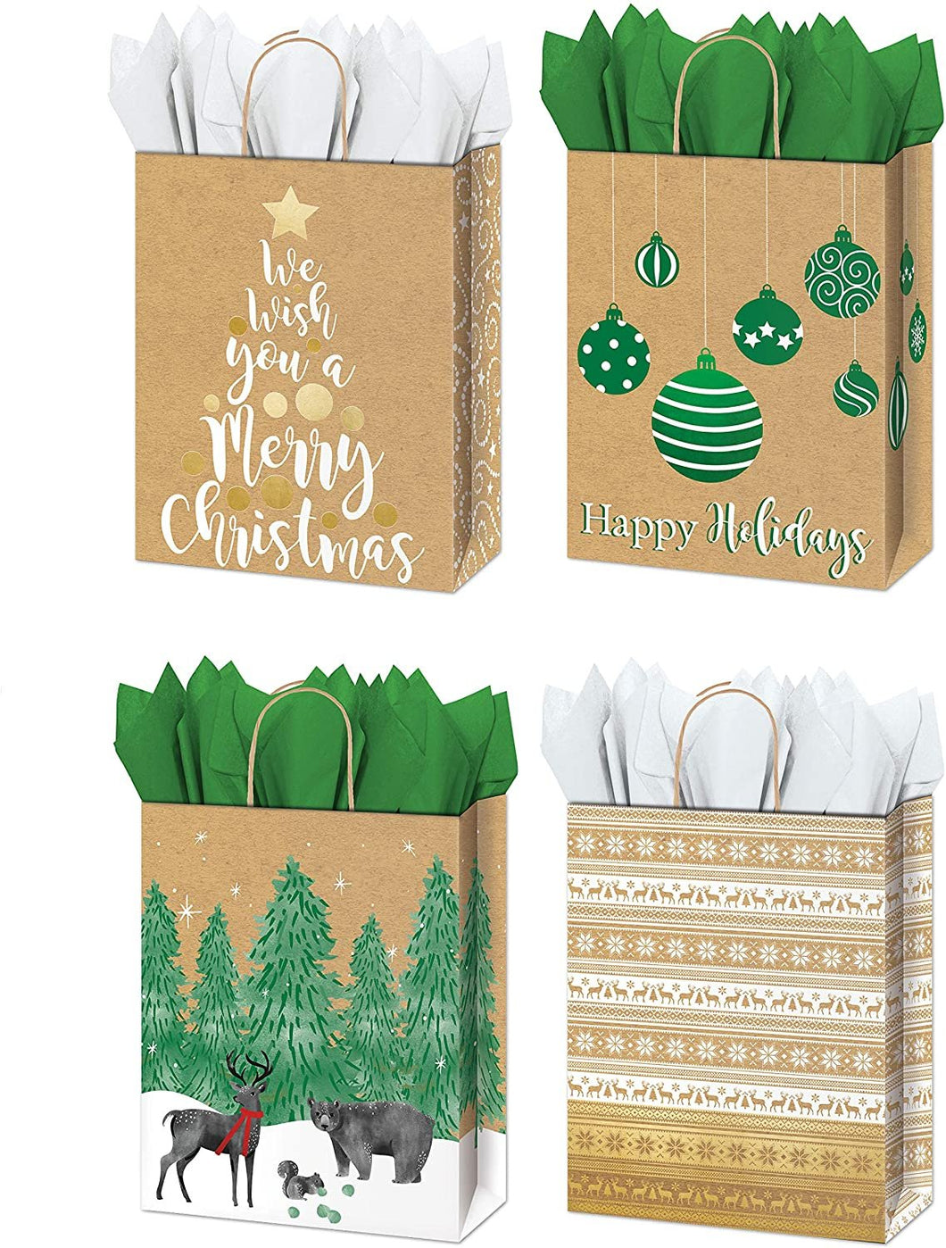 B-THERE Bundle 4ct Christmas Holiday Medium Kraft Gift Bags, Foil Finish of Reindeer, Snowflakes, Ornaments, and Trees