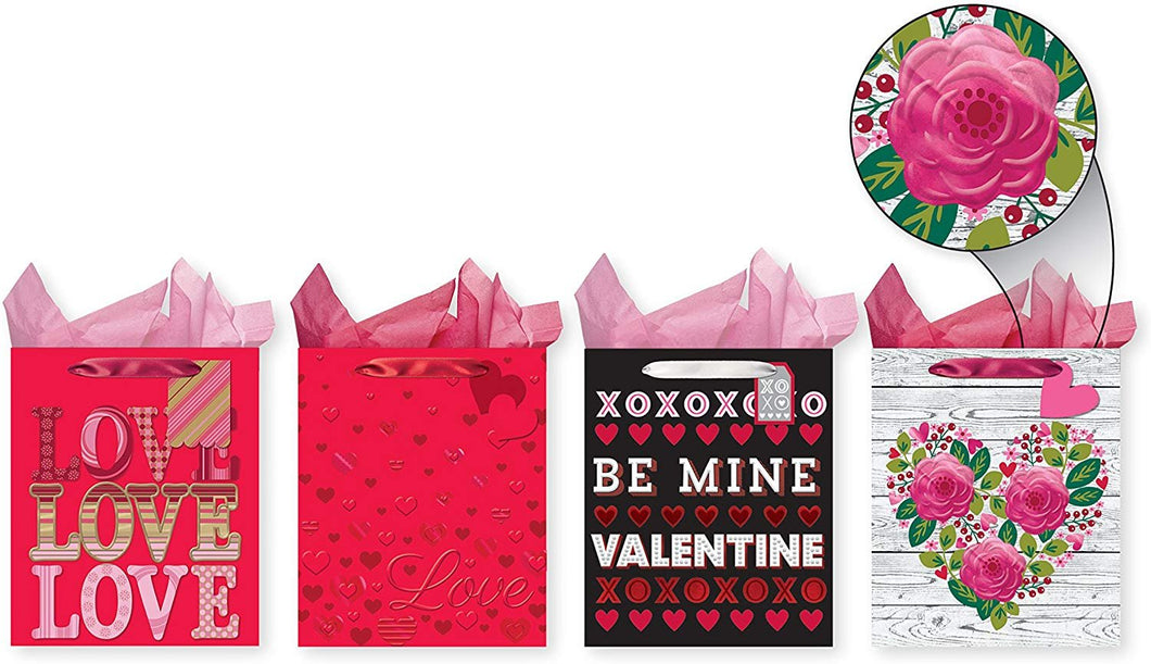 Pack of 4 Large Valentine's Heavy Emboss Gift Bags - Foil Embellishment with Heavy Embossing on Each Bag
