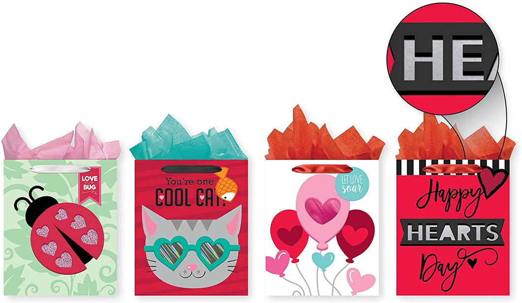 Pack of 4 Large Valentine's Foam Gift Bags - EVA Foam Tip-On with Foil Embellishment on Each Bag