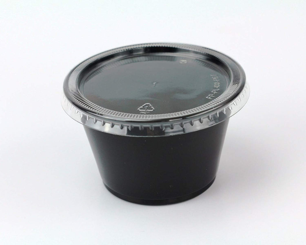 Disposable 4oz Plastic Condiment Cups with Lids, Sample Cup, Jello Shot Cups, Salad Dressing, Souffle Portion, Sampling (200, Black)