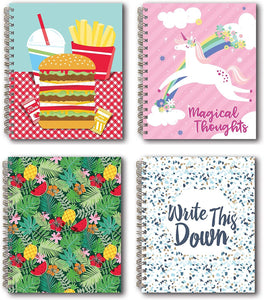 B-THERE Bundle of 4 Stationery Soft Cover 5" x 6" Spiral Bound Notebook, w/Hamburger Fries, Llama, Fruit Covers