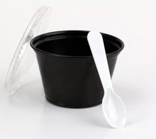 Load image into Gallery viewer, Disposable Black 4oz Plastic Condiment Cups with Lids and 3&quot; Sampling Spoons, Souffle Portion, Jello Shot Cups, Dessert, Sample Cups (100 Count, Pink Tasting Spoons)
