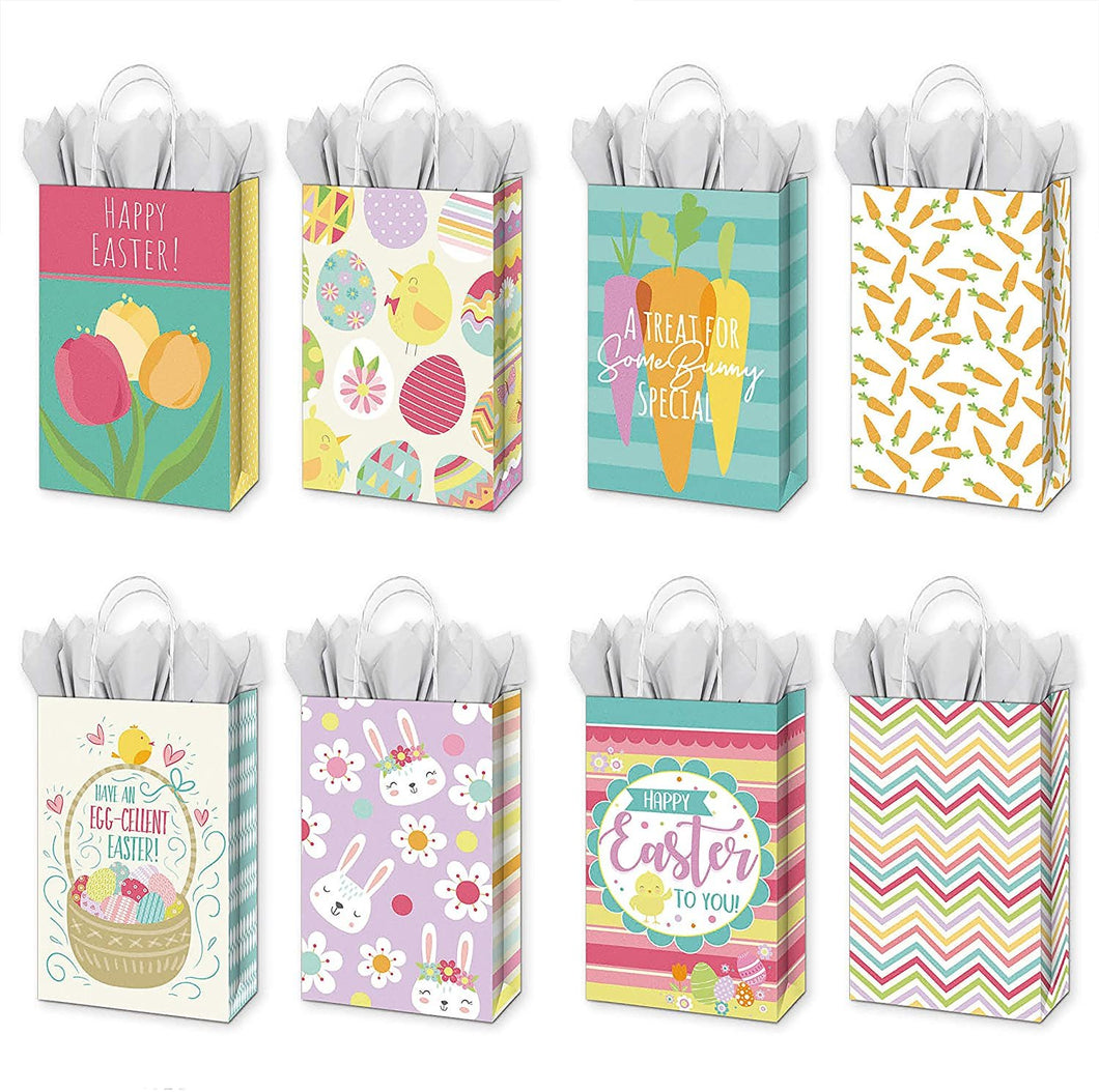 B-THERE Bundle of 8 Small 5” x 8” x 3” Easter Gift Bags, Favors, White Kraft Handles, Use as Candy Treat Basket