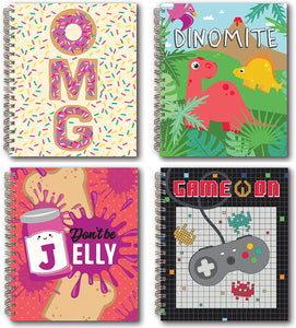 B-THERE Bundle of 4 Stationery Soft Cover 5" x 6" Spiral Bound Notebook, w/OMG, Dinosaurs, Jelly and Game-on Covers