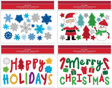 Load image into Gallery viewer, B-THERE Bundle of Merry Christmas Holiday 11.5&quot; x 9&quot; Glitter Window Gel Clings, Snowman, Snowflakes, Santa Claus, Happy Holidays and Candy Canes
