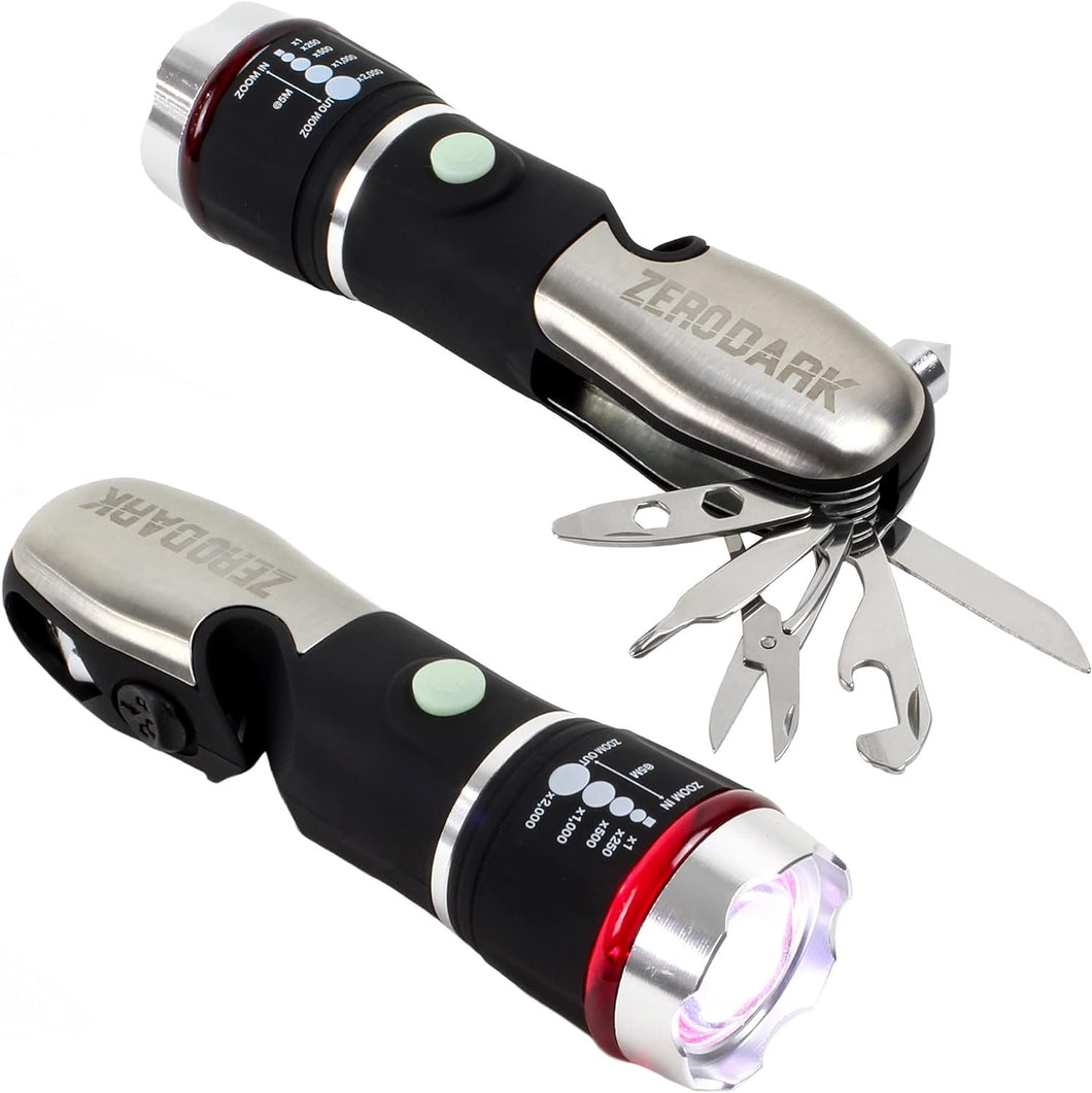 ZeroDark Pocket Knife Flashlight Multitool Emergency Car Kit with Car Window Breaker Seatbelt Cutter - 10-in-1 Car Escape Tool with Swiss Army Knife, Batteries Included