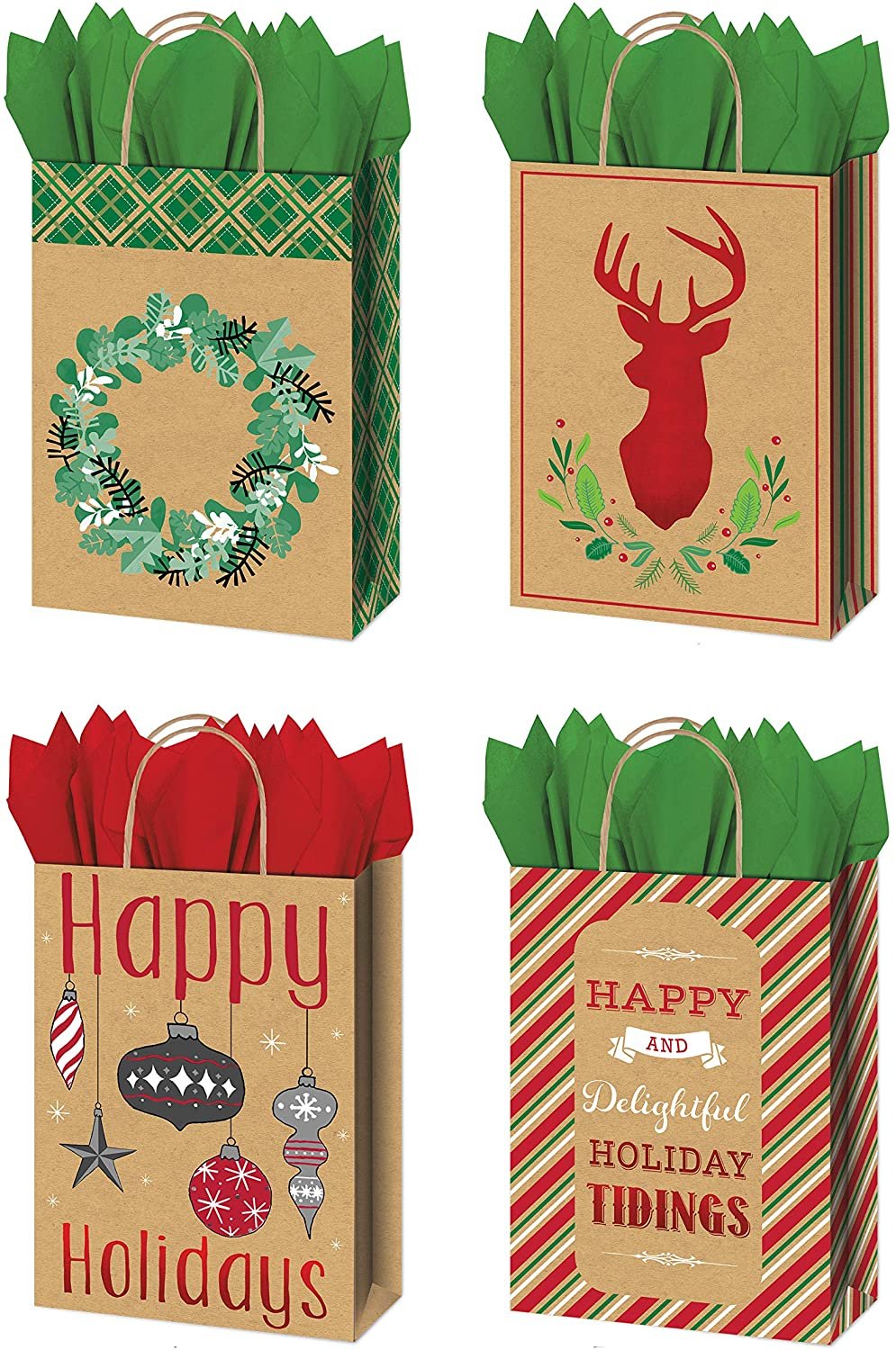 B-THERE Bundle 4ct Christmas Holiday X-Large Kraft Gift Bags Foil Finish of Deer Head, Wreath, Happy Holiday with Ornaments