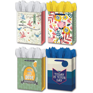 B-THERE Bundle of 4 Large 10” x 12” x 5” Gift Bags with Tags and Tissue for Men, Women for Birthday Party or Special Occasion