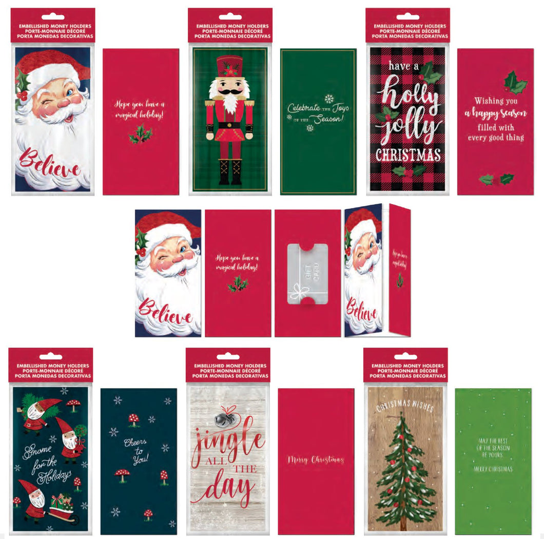 B-THERE 6 Pack Embellished Christmas Holiday Money Cash Gift Card Holders with Foil and Glitter, Santa, Nutcracker, Flannel, Bells, Tree, Mushroom