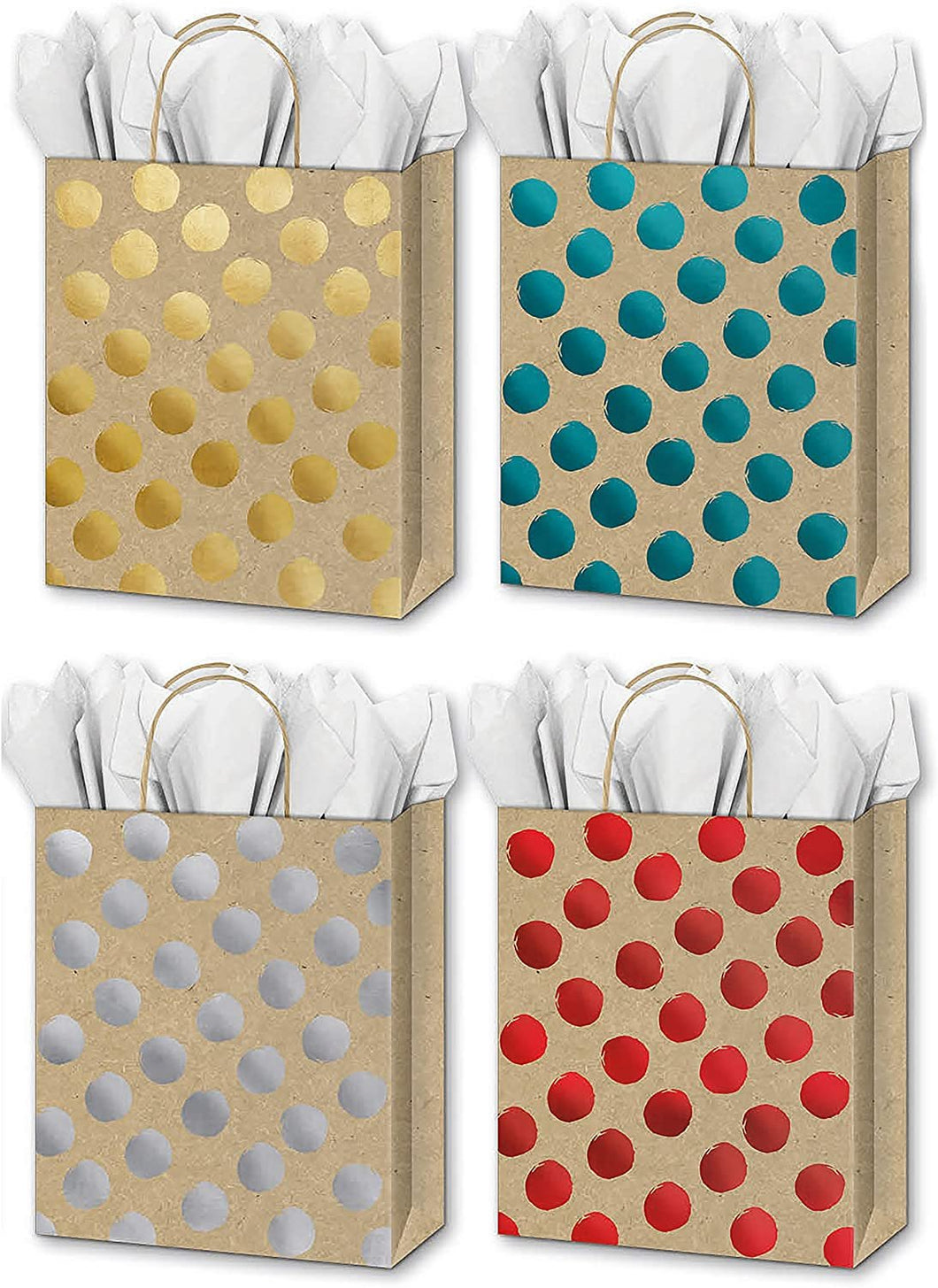 B-THERE Bundle of 4 Everyday Kraft Large Solid Color Gift Bags W/Foil Polka Dots, Tissue Paper, Jute Handles