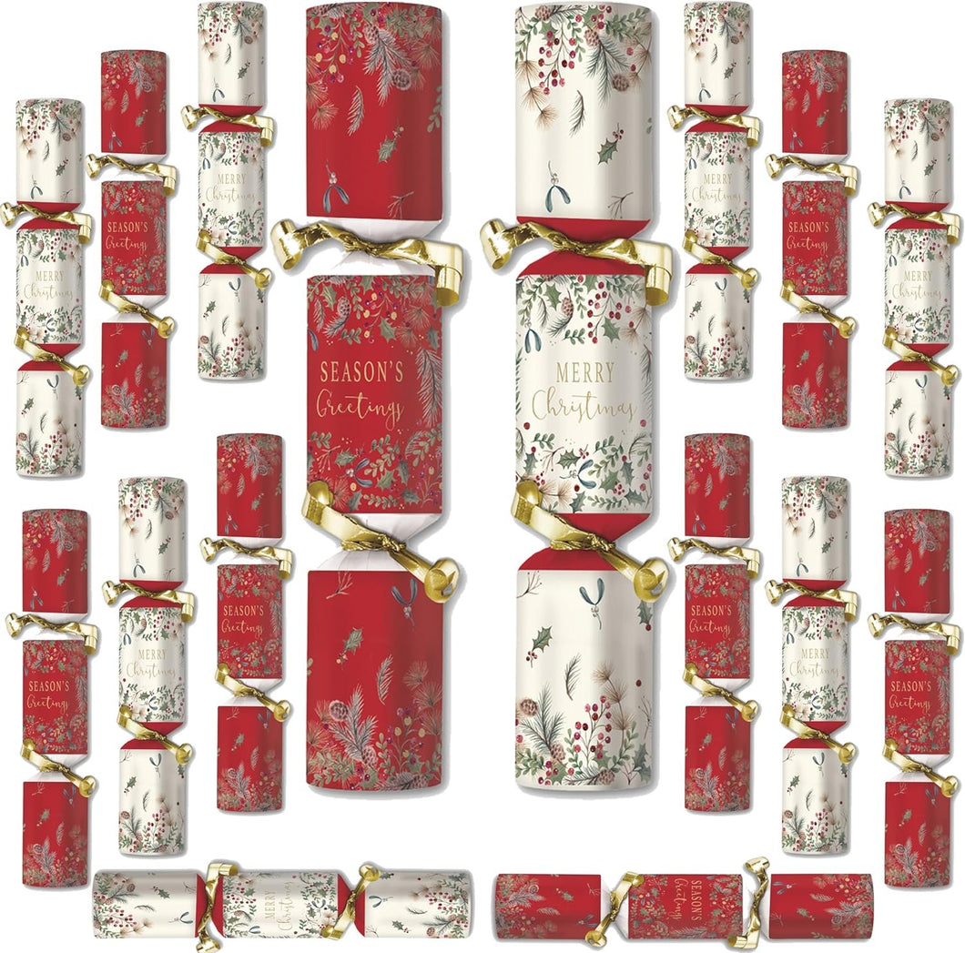 B-THERE 12 Inch Christmas Crackers Luxery Set with Novelty Toy, Paper Hat, & Joke (Red and White Christmas Crackers, 16)