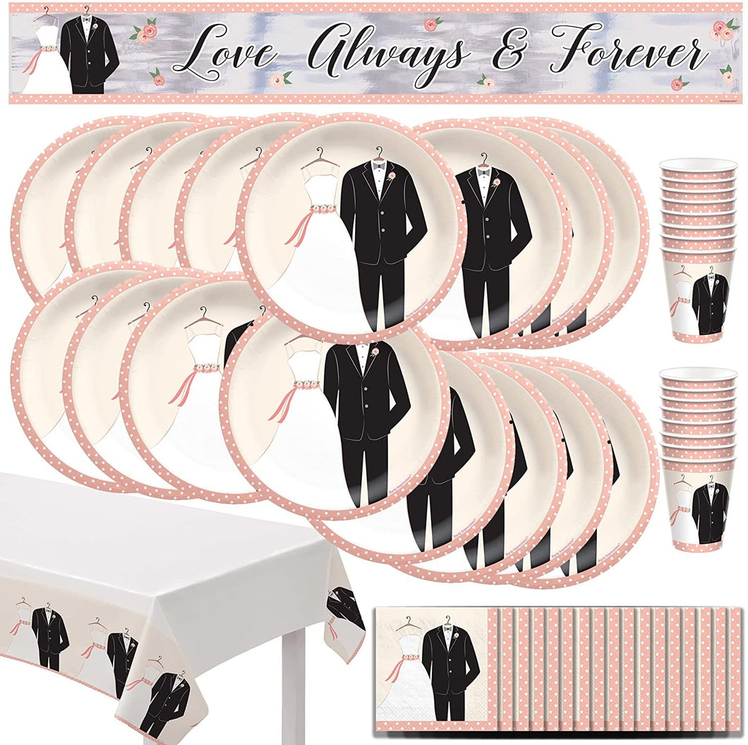 Wedding Bridal Shower Party Supplies - Plates, Cups, Napkins, Table Cover, & Banner (Seats 8)