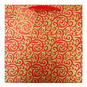 The Gift Wrap Company 6 Count Square Gift Bags, Medium, Red Scrolls