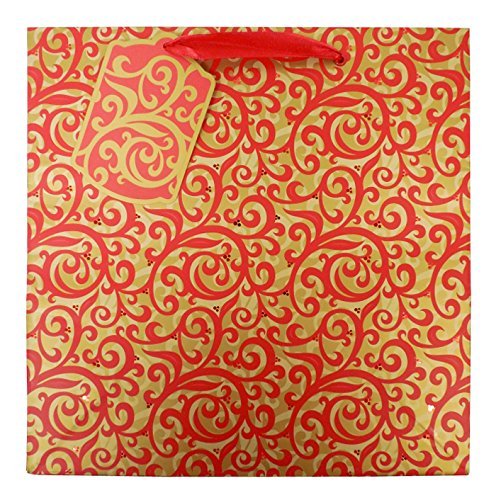 The Gift Wrap Company 6 Count Square Gift Bags, Medium, Red Scrolls