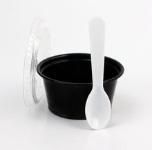 Load image into Gallery viewer, Disposable Black 2oz Plastic Condiment Cups with Lids and 3&quot; Sampling Spoons, Souffle Portion, Jello Shot Cups, Dessert, Sample Cups (50 Count, Pink Tasting Spoons)

