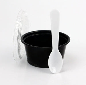 Disposable Black 2oz Plastic Condiment Cups with Lids and 3" Sampling Spoons, Souffle Portion, Jello Shot Cups, Dessert, Sample Cups (50 Count, Pink Tasting Spoons)
