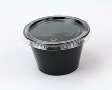 Load image into Gallery viewer, Disposable 4oz Plastic Condiment Cups with Lids, Sample Cup, Jello Shot Cups, Salad Dressing, Souffle Portion, Sampling (100, Black)
