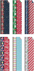 B-THERE Bundle of 6 Rolls, 30” W x 10’ L of USA Premium Reversible, 12 Designs, Merry Christmas Holiday Gift Wrap Wrapping Paper for Adults, Kids – 150sf