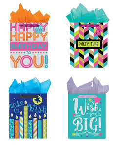All Occasion Party Gift Bags - Set of 4 Tri-Glitter Large Birthday Bag w/Tags & Tissue Paper
