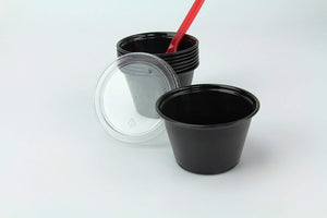 Disposable 4oz Plastic Condiment Cups with Lids, Sample Cup, Jello Shot Cups, Salad Dressing, Souffle Portion, Sampling (100, Black)