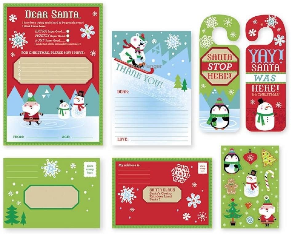Letter to Santa Kit - for Christmas Write A Letter to Dear Santa Claus - with Envelopes, Stickers and Door Hang (1 kit)