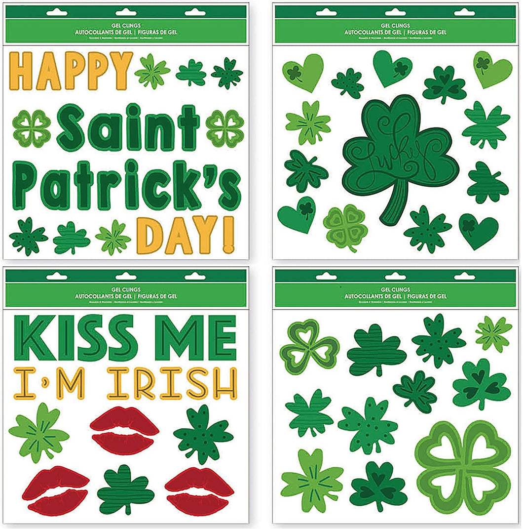 St. Patrick's Day Window Gel Clings with Shamrocks, Clovers, Kiss Me I’m Irish, Luck Gels