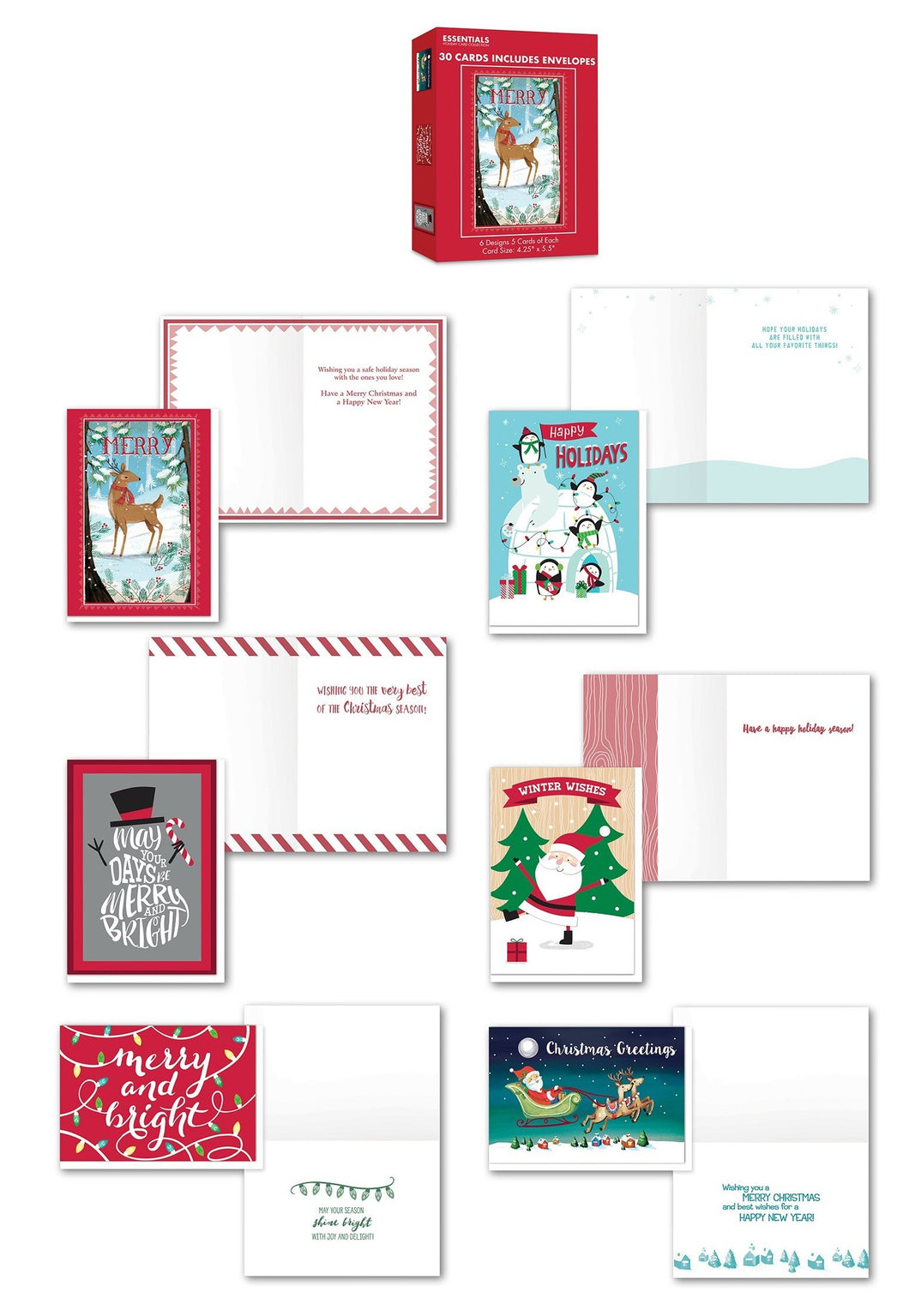 Bundle 30 Pack Christmas Holiday Greeting Cards of 6 Designs with Sentiment Inside