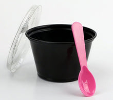 Load image into Gallery viewer, Disposable Black 4oz Plastic Condiment Cups with Lids and 3&quot; Sampling Spoons, Souffle Portion, Jello Shot Cups, Dessert, Sample Cups (100 Count, Pink Tasting Spoons)
