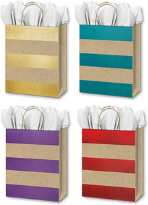 B-THERE Bundle 4ct All Occasion Holiday Medium Kraft Gift Bags, Striped Foil Finish with Tissue