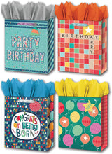 Load image into Gallery viewer, B-THERE Bundle of 4 Large 10” x 12” x 5” Gift Bags with Tags and Tissue for Men, Women for Birthday Party or Special Occasion
