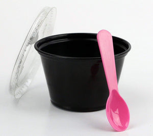 Disposable Black 4oz Plastic Condiment Cups with Lids and 3" Sampling Spoons, Souffle Portion, Jello Shot Cups, Dessert, Sample Cups (100 Count, Pink Tasting Spoons)