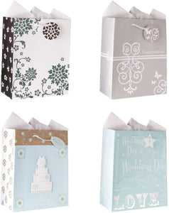 Wedding Gift Bags Set of 4 Medium Wedding Gift Bags W/ 4 Elegant Designs Embellished with Iridescent Glitter, Tip-ons, and Beautiful Foil Finishes. Also Includes Tissue Paper