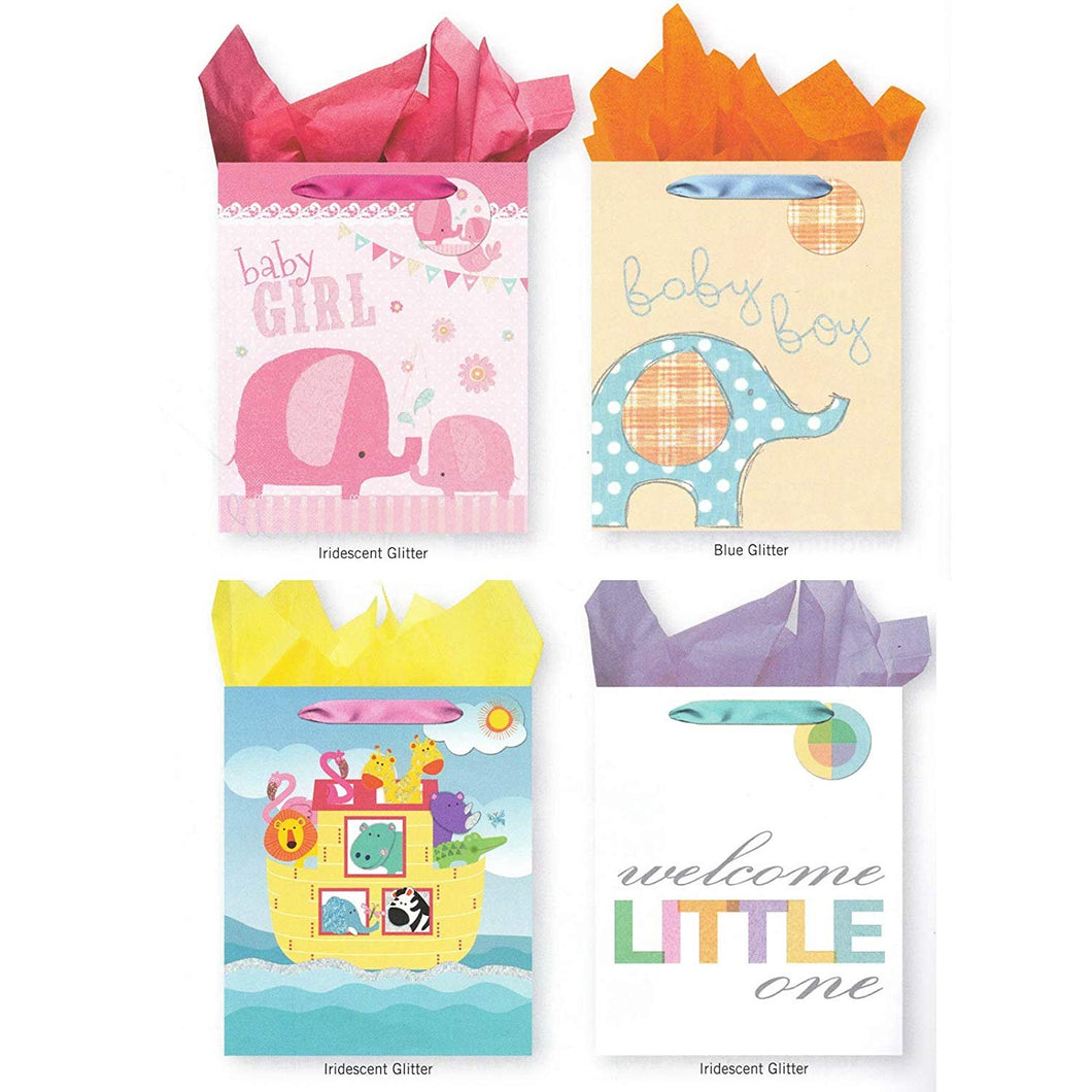Pack of 4 Large Baby Shower Gift Bags. Assortment of Foil and Glitter Embellishments Girl Boy Unisex